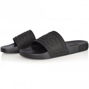 Dolce & Gabbana Noir Nero Logo Embossed Rubber Pool Slides Slippers Beachwear 42